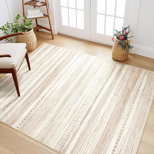 Geometrischer Teppich für Wohnzimmer, Schlafzimmer, Esszimmer, ästhetisch, Jugendzimmer, Landhausstil, neutrales Braun, 160 x 230 cm, für Zuhause und Büro