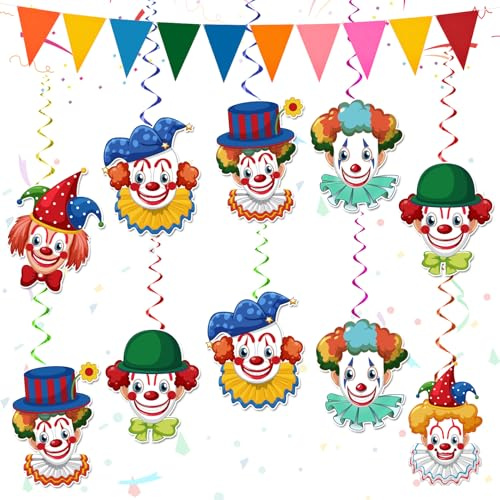 Clown Girlande Karneval: 24 Stück Wirbel Deko | Karton - wiederverwendbar - vormontiert - Spirale & Clown-Motive - Für Decke - Fenster & Zirkus-Party
