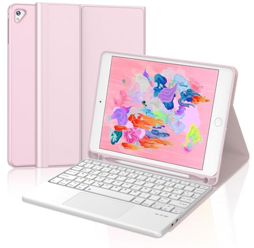 JADEMALL Hülle mit Tastatur für iPad 6 & iPad Air 2 9,7 QWERTZ | Mit Touchpad - 120 Tage Standby, Leichtes Schutzhülle mit Tastatur, Für iPad 6. Generation Hülle mit Tastatur Rosa