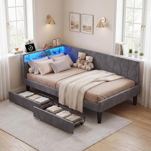 Polsterbett Schlafsofa 90x200 mit 2 Schubladen,Jugendbett 90x200 mit LED-Beleuchtung, Tagesbett mit Steckdosen,Gästebett Einzelbett Bettgestell mit Lattenrost aus Holz,Samt,Ohne Matratze