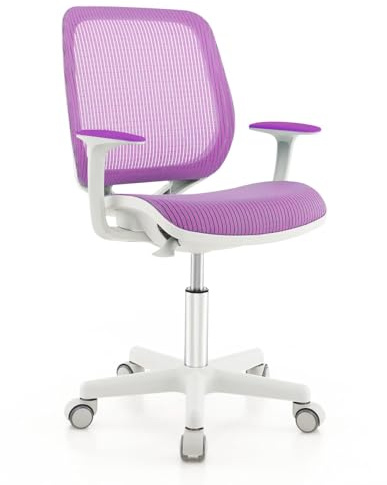 COSTWAY Kinder Schreibtischstuhl 360° drehbar, Sitzhöhe 43-55cm höhenverstellbar, Kinderdrehstuhl ergonomisch mit Rollen, Bürostuhl mit Rückenlehnen & Armlehnen für Kinder ab 6 Jahren (Lila)