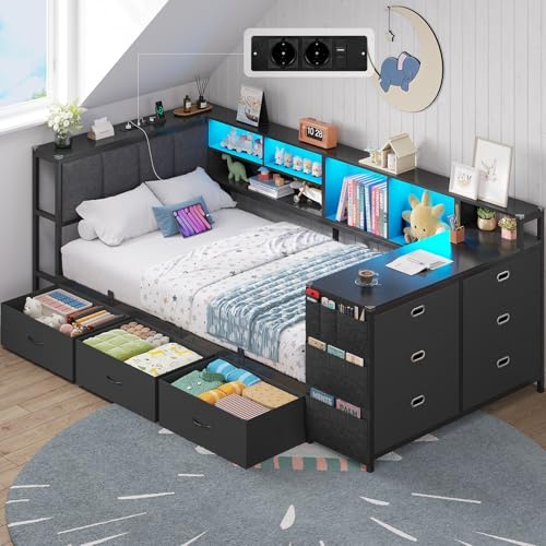 Brinlawb Polsterbett Schlafsofa, Jugendbett 90x200 cm mit 6-Schubladen-Kommode und Integrierter Schreibtisch, Tagesbett mit LED-Beleuchtung und Ladestation, Bett 90x200 cm mit Polsterkopfteil, Schwarz