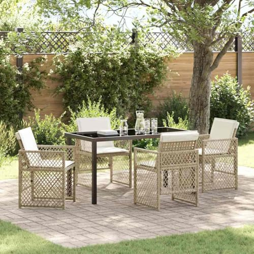 QUAHEAS Garten Essgruppe 5-teilig, Beige Poly-Rattan Essgarnitur mit Glastisch, Outdoor Möbel Set für Terrasse, Balkon, Garten