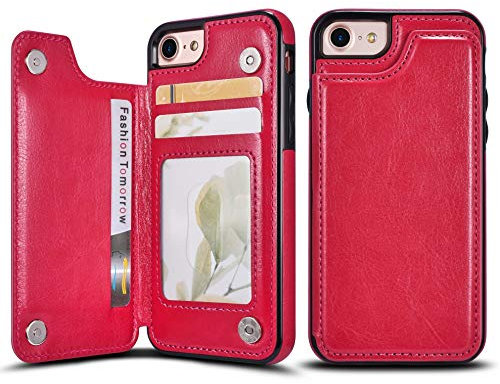 UEEBAI Case for iPhone 7 Plus iPhone 8 Plus, Luxury PU Leather Case with [Two Magnetic Clasp] [Card Slots] Stand Function Practical Soft TPU Case Back Wallet Flip Cover for iPhone 7 Plus - Red