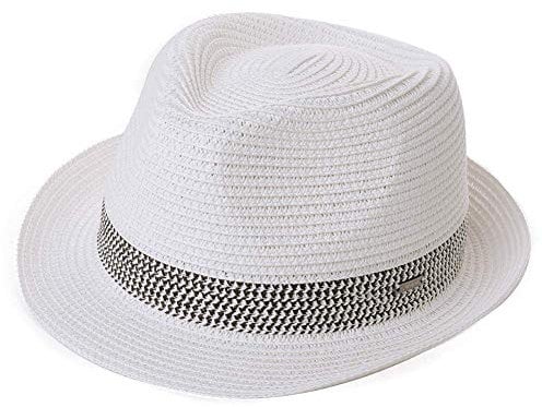 Comhats Herren Strohhut Trilby für Sommer, Sonnenschutz - Faltbarer Panama Hut, Fedora für Strand, Festival - Rollbar & Stilvoll Weiß Groß L