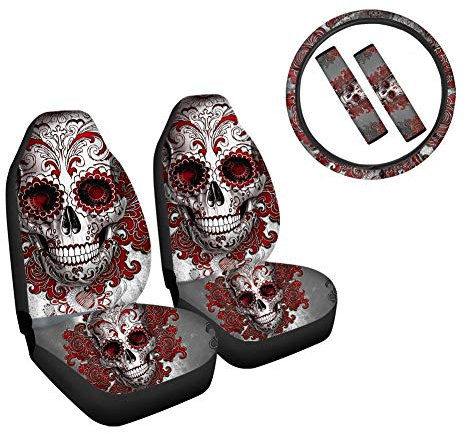 Woisttop Autositzbezüge mit Totenkopf-Motiv, komplettes 5-teiliges Set mit Lenkradbezug, Sicherheitsgurtpolstern, passend für die meisten SUV, Pkw, Lkw