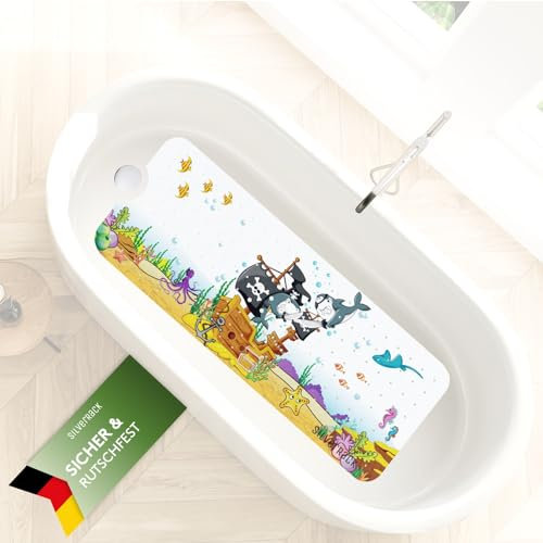 SilverRack Kinder Badewannenmatte 100x40 cm (Piraten Motiv - Links) - Antirutschmatte Badewanne BPA frei für Kinder und Babys - Duschmatte schimmelresistent - Bedruckte Badematte