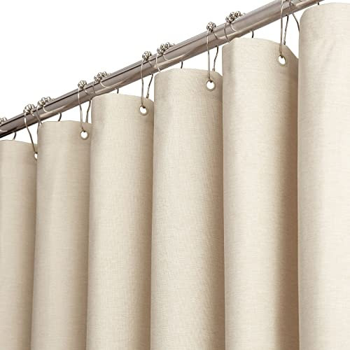 BTTN Cream Shower Curtain, Extra Long Linen Textured Weighted Mould Proof Resistant Fabric Shower Curtains, Heavy Duty Waterproof Washable Shower Curtain Set with 12 Plastic Hooks (Beige, 182 x 214cm)