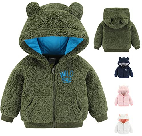 Giacca con Cappuccio in Pile per Neonati - Cartone Animato con Orecchie, Cerniera, Calda, Verde, 6-9 Mesi
