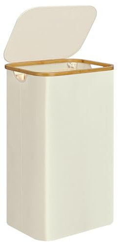 Wäschekorb -100L Waschbarer und hygienischer Groß Wäschesammler schmal mit herausnehmbarem Wäschesack-Wäschekorb mit Deckel & Bambusrand - Wäscheboxen - waschkorb (Weiß)