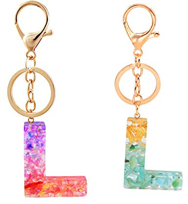 2Pcs Porte-clés, Porte-clés en résine, Porte-clés à lettres avec fleurs, Alphabet A-Z Key Ring pour les femmes Cadeaux d’anniversaire de fille (Alphabet L)