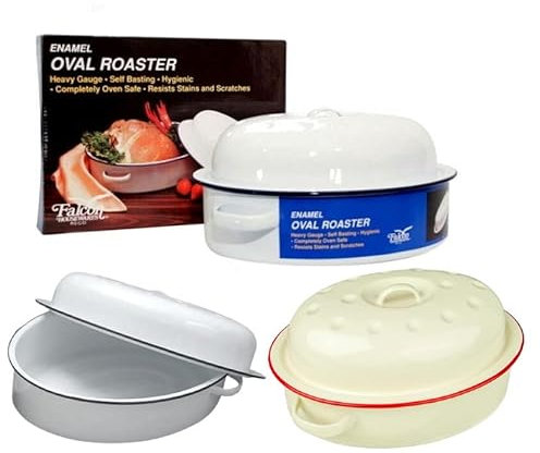 Falcon Enamel Oval Roaster Dish 26cm Roasting Oven Baking Tray Tin Casserole Pan Self Basting Lid Houseware 26 x 19 x 13D cm (Cream with Red Rim)