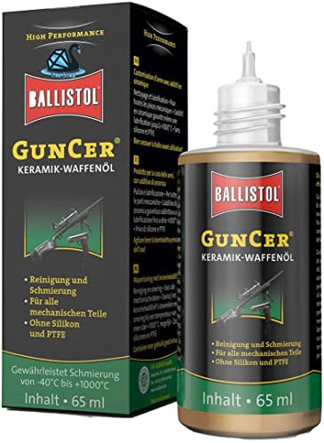 Eva Shop® Ballistol GunCer Premium Keramik-Waffenöl Keramik-Waffenfett | Waffenpflege und Reinigung für Gewehre, Flinten, Pistolen und Revolver inkl Aufkleber (65ml Flasche)