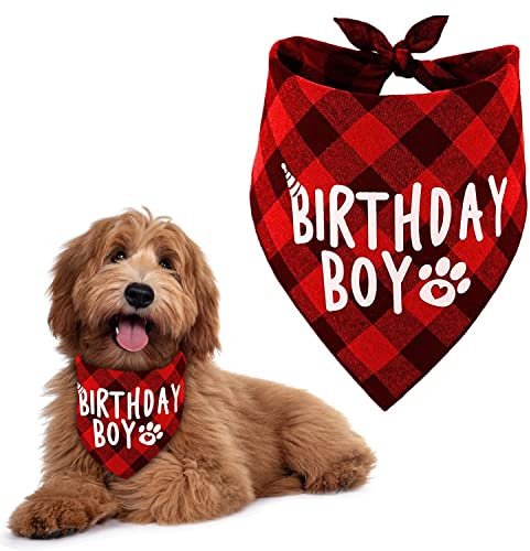 Hundegeburtstags-Bandana, Kariertes bedrucktes Geburtstagskind-Bandana, waschbar, Haustiere, Geburtstagsparty-Zubehör, Baumwolle, dreieckig, Hundeschal für kleine, mittelgroße Hunde und Katzen (rot)