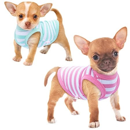 Frienperro 2 Pack Chihuahua Clothes, XXS Dog Clothes, Small Breed Clothes, Puppy Dog Clothes for Dogs Girl, Cotton Striped Sleeveless Small Teacup Yorkie Outfit Cat Vest Shirt Green Pink