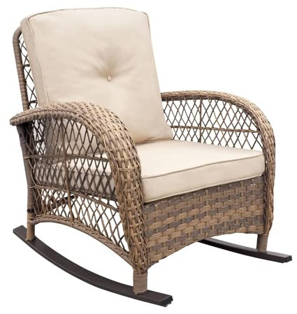 ATR ART TO REAL Garden Rocking Chair,Outdoor Rattan Rocker Chair with All-weather Hand-woven Resin Wicker, Patio Relaxing Lounge Furniture with Powder-coated Metal Frame for Backyard,Porch
