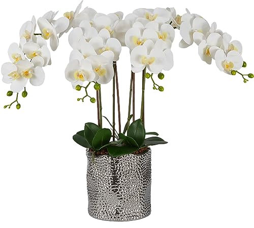 W&W Künstliche Orchideen und Blumenarrangement im Keramiktopf, künstliche weiße Orchidee mit silberfarbener Vase, extra groß, 66 cm
