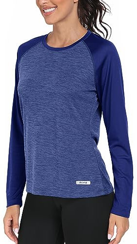 AjezMax Wandershirt Damen UPF 50+ T-Shirt Langarm Fitness Laufshirt Leicht Quick Drying Outdoor Tops Freizeit Sommershirt Mittelblau M