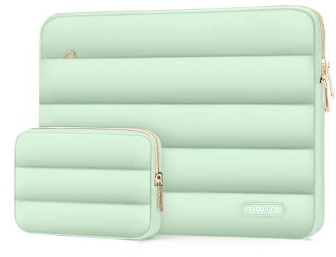 MOSISO 13-14 inch Laptop Case, 13.3 inch Puffy Laptop Sleeve Compatible with MacBook Air 13 13.6 M4 M3 M2 M1/Pro 13/Pro 14,HP,Dell,ASUS, Lenovo, Polyester Horizontal Bag with Small Case, Mint Green