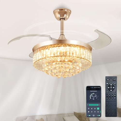 Depuley 42 Crystal Ceiling Fan with Light and Remote, Modern Smart Fan with 3 Speeds, Retractable for Living Room, Bedroom, Dining Room, App Control, Gold