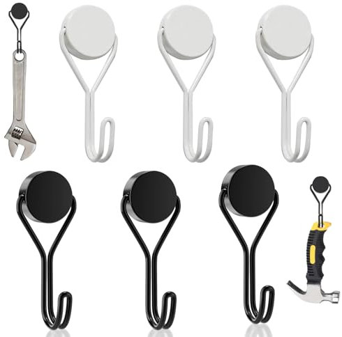 sinzau Magnethaken, 6 Stück Metallhaken Neodym, Drehbar Magnetischer Haken, 16 Millimeter Magnetische Haken, für Grill,Küche,Schließfächer,Büro,Kühlschränke, Schwarz und weiß