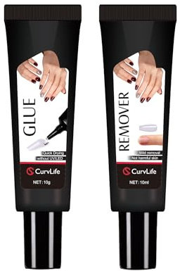 Curvlife Newly Upgraded Quick Drying 10g Semi Solid Nail Glue with 10ml Remover for Press On Nails Tips No Need for UV Lamp Long Lasting Fake Acrylic Nails Kit Glue Gel