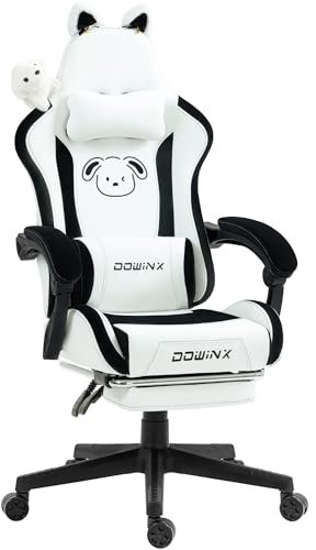 Dowinx Gaming Chair Cute with Dog Ears and Massage Lumbar Support, Ergonomic Computer Chair for Girl with Footrest and Headrest, Comfortable Reclining Game Chair 290lbs for Adult, Teen, Dog