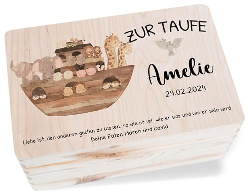 Holz Erinnerungsbox Baby Geschenkbox Baby - Erinnerungskiste zur Taufe mit Spruch Arche Noah | Taufgeschenk Holzkiste - 30 x 20 x 14 - Holz - kiste taufspruch erinnerungsboxen für babys