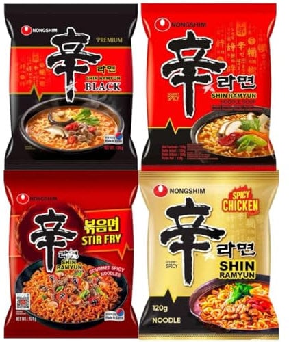 Nongshim SHIN Ramyun Korean Ultimate Spicy Ramen Bundle - Original, Red, Black, Kimchi & Stir Fry Noodles (Shin, Black, Stir Fry & Spicy Chicken)