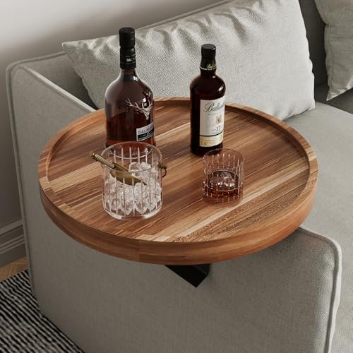 Semjar Acacia Wood Couch Arm Table,Adjustable Round Couch Arm Tray with Phone Holder,Wooden Chair Arm Table Sofa Arm Tray for Wide Thin Couches Arm,Trayble Couch Companion Armchair Table for Eating