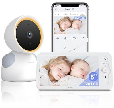 ARENTI 2K/3MP Camara Vigilancia Bebe con 5 Monitor, 2,4GHz WiFi Vigilabebes con Camara, Detección del Llanto, Detección de Temperatura y Humedad, Visión Nocturna, Audio Bidireccional con Alexa & App