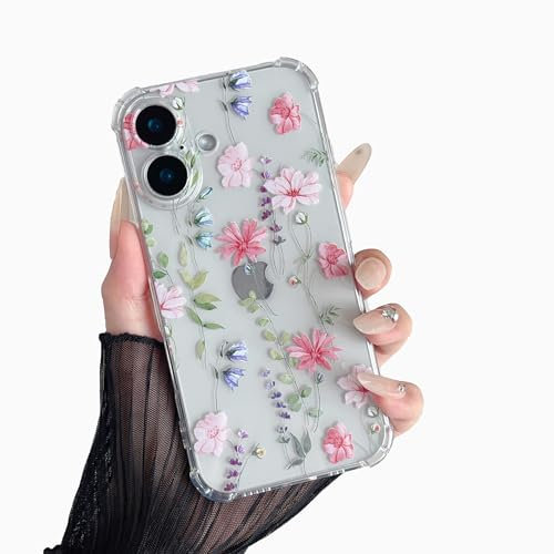 DEFBSC Compatible with iPhone 16 Plus Case, Clear Floral Flower Pattern Print Design for Girls Women Flexible Shockproof Soft TPU Bumper Protective Phone Case - Pink Cosmos