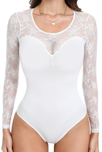 Vorcy Women Long Sleeves Bodysuit Mesh Lace Sexy Bodysuits Top Leotard Stretch Bodysuit for Women
