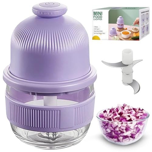 Cordless Food Processor, 350ml Glass Bowl Mini Garlic Chopper Wireless, Battery Operated Electric Food Chopper, Small USB-C Rechargeable Vegetable Meat Blender Grinder, Portable Kitchen Mixer (Purple)
