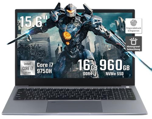 LONGEVINCE 15,6 Zoll Ultrabook Laptop, Core i7-9750H (bis zu 4,5 GHz), 16 GB DDR4 RAM, 960GB NVMe SSD, Fingerabdrucksensor,langlebiger Akku, ideal für Business/Büro/Studenten (Grau, 16GB+960G SSD)