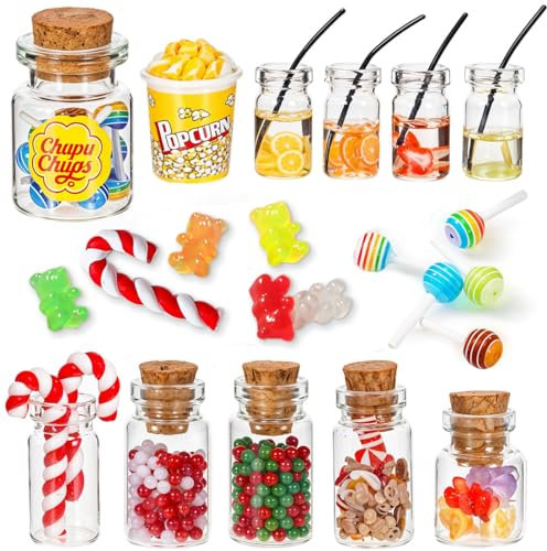 Wichtel Zubehör, Miniatur Weihnachten Süßigkeiten und Trinken Set mit Lolli Gummibärchen für Weihnachtsmarkt, Mini 1:12 Süßigkeitenstände Weihnachts Wichtelzubehör für Wichteltür Puppenhaus Deko
