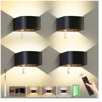 Audor 5000mAh Akku Wandleuchte Innen mit Fernbedienung, 4 Stück Kabellose Wandlampe mit Bewegungssensor, 3 Farben Wandlicht Up Down Wandbeleuchtung Wiederaufladbare Wandstrahler für Treppe