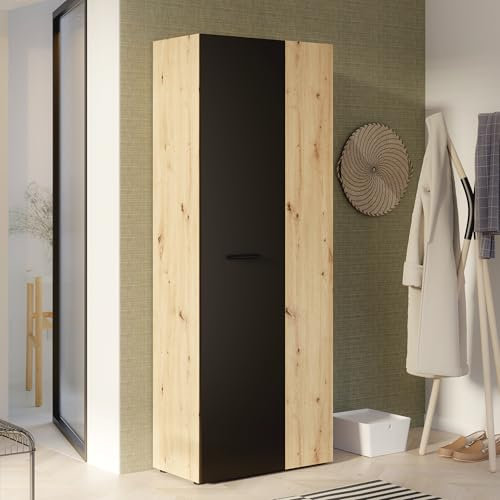 Forte NET106 Schrank 70 180, Mehrzweckschrank, Staubsaugerschrank, Abstellraum, Drehtürenschrank, 2-türig mit Einlegeböden, Schwarz/Holzdekor Artisaneiche, 68,7 cm breit x 181,1 cm hoch x 36,5 cm tief