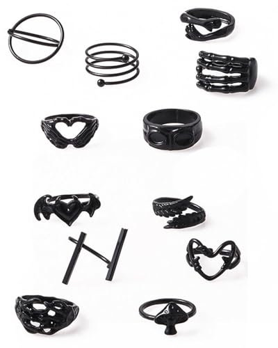TOZBLEU 12 Stück Vintage Punk Ringe Set für Männer Frauen,Schwarze Ringe Set Schlange Fledermaus Teufel Spinne Kralle Skul Stapelbare Boho Chunky Emo Fingerrings, Knuckle für Mädchen Frauen