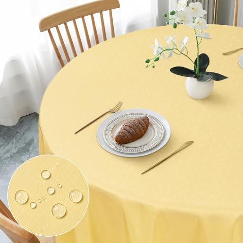 AooHome Tischdecke Rund Φ180cm, Gelb Leinen-Optik Tischdecken Abwaschbar Tischtuch aus Polyester Wasserabweisend mit Lotuseffekt, Dauerhaft Kratzfest für Wohnzimmer, Esszimmer, Balkon, Garten