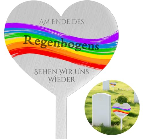 LURICO Grabstecker Wetterfest, Grabdeko Edelstahl, Grabstecker Personalisiert, mit Spruch Am Ende des Regenbogens Sehen Wir Uns Wieder, für Gärten Höfe, 28cm