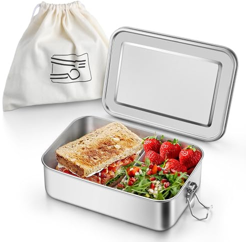 Homikit Brotdose mit Fächern, Edelstahl Bento Lunch Box mit Tasche, 1400ml | Lunchbox für Kinder & Erwachsene, Brotzeitdose mit Entnehmbaren Trennwänden, Auslaufsicher Deckel mit Silikondichtungen