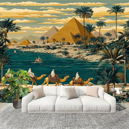 Fototapete 3D Effekt 400x280 cm WüStenkamelpyramide Tapete Vlies Geruchlos Atmungsaktiv Wandtattoo Gelb HD Wanddeko Wandtapete Wandbild Nahtloses Spleißen Panoramatapete