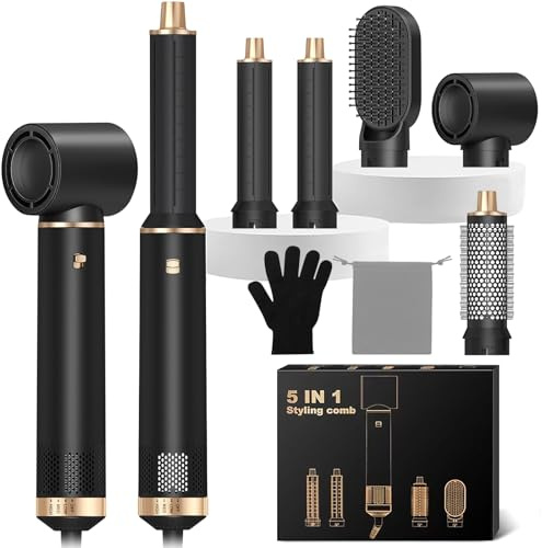 Hair Styler 5 in 1, Airstyler Haarstyler Set mit Rundbürstenföhn, Warmluftbürste, Airflow Lockenstab Automatisch, Haartrockner, Haarglätter Bürste für Glätten, Trocknen, Volumen, Locken