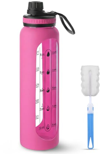 ZAHRVIA Trinkflasche Glas 1L – Kohlensäuregeeignet – mit Reinigungsbürste & Silikonhülle – Glasflasche 1 Liter für Wasser, Saft & Sport – BPA-frei – Glas Trinkflasche für den täglichen Gebrauch