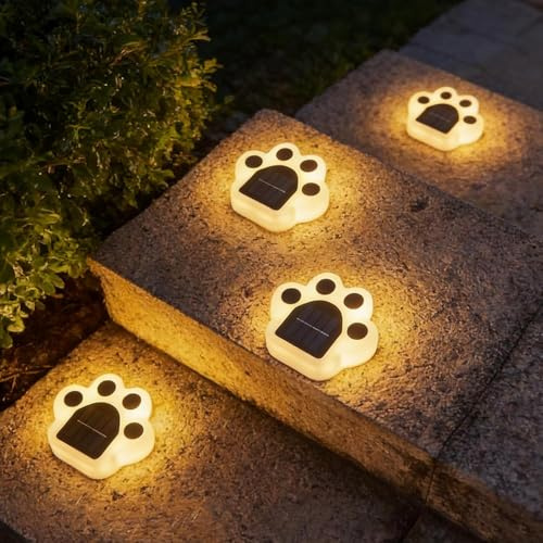 Fohil Solarlampen für Außen Garten, 4 Stück Pfoten Solar Bodenleuchten Aussen, Gartendeko für Draußen Wetterfest Grablicht Grab Deko Gartenbeleuchtung Solarleuchten