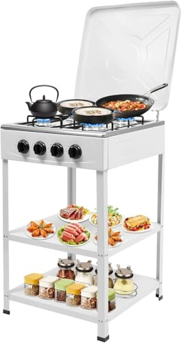 Hornillo de camping con 4 fuegos, cocina de gas natural independiente con doble estante, hornillo de gas para camping con tapa, horno de camping portátil para camping, exterior y autocaravana