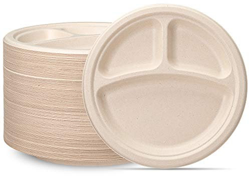 Lot de 125 assiettes jetables en carton 100 % compostables de 22,9 cm – 3 compartiments – Assiettes jetables en carton de canne à sucre – Marron non blanchi
