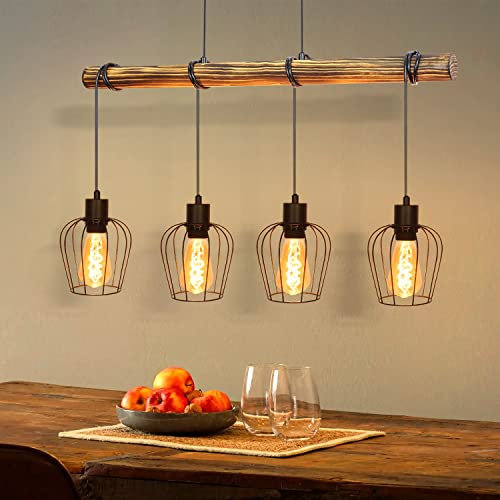 ZMH Pendelleuchte esstisch Hängelampe 4 Flammig - Holz Esszimmerlampe Schwarz Esstischlampe hängend Vintage Pendellampe im Industrial Design E27 Max. 25W für Esszimmer Wohnzimmer (Ohne Leuchtmittel)