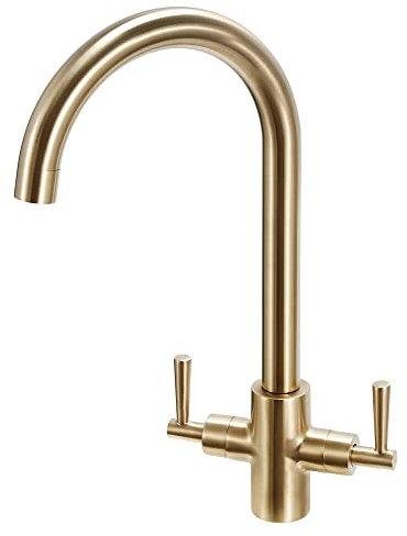 Classic Kitchen Sink Mixer Taps Monobloc Dual Lever Swivel Spout Brushed Gold